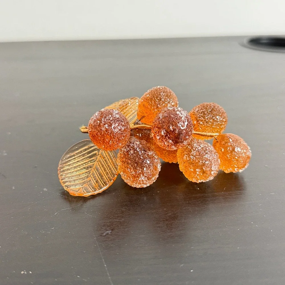 Vintage Sugared Acrylic Grapes Amber Faux Fruit Mid Century Decor Cluster Small